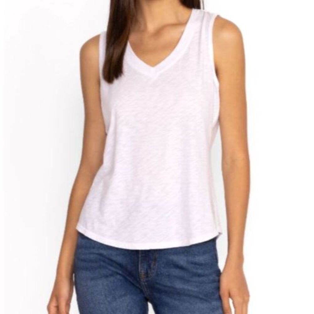 Johnny Was Calme V Neck Slub Jersey Hi Low Tank Top Embroidered Made in USA